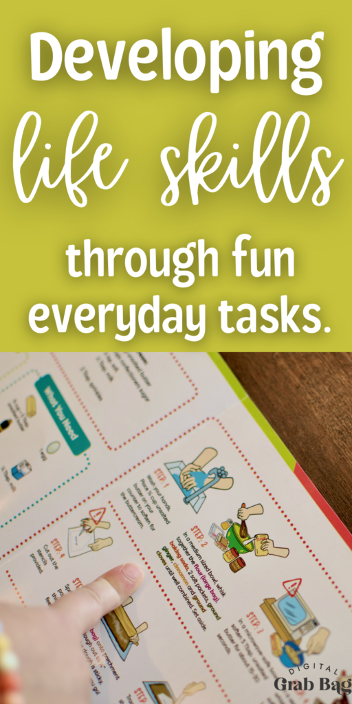 Baketivity instruction guide closeup with the text "developing Life Skills through everyday fun tasks. Baketivity for Homeschoolers Review