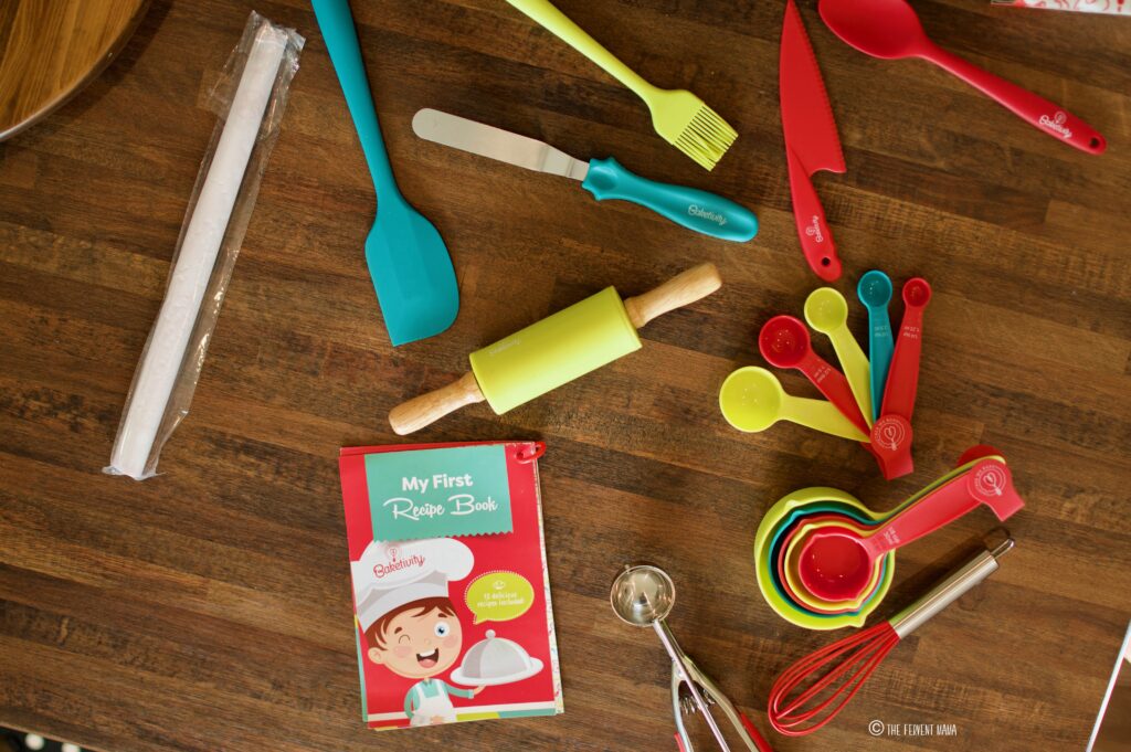 A flatlay of the Baketivity Accessory Kit, Cooking Utensils and Tools for kids.