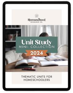 Cover of the Unit Study Mini-Collection Collection with Title, year 2024, and a girl studying multiple books in the background.