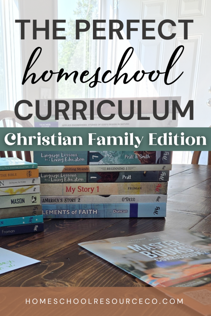 Master Books homeschool curriculum on a table with text overlay "The perfect homeschool curriculum. Christian Family Edition"