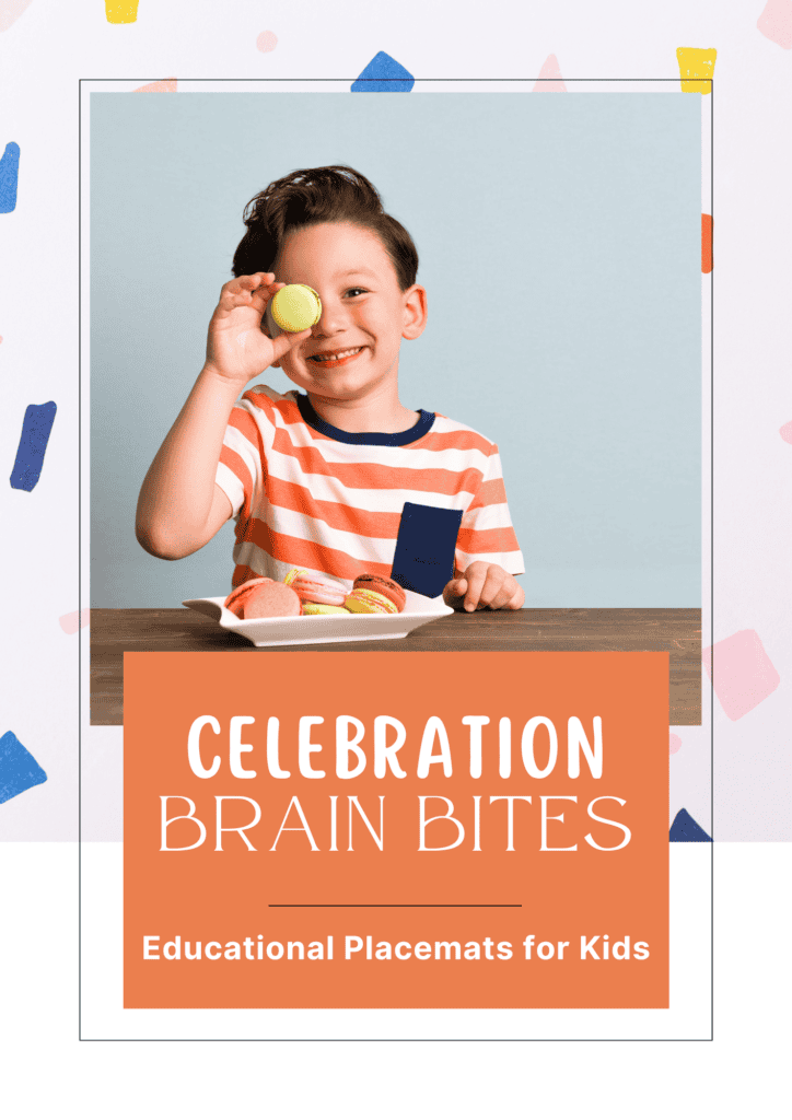 CELEBRATION-BRAIN-BITES.png Macarons and colorful treats for kids celebration and education; fun learning activities for homeschool resources, brain bites nutrition tips, and kids' snack ideas for homeschooling success.