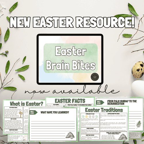 Easter Brain Bites educational resource for homeschoolers, with fun activities on Easter facts, traditions, and scripture memory to enhance homeschooling lessons about Easter.
