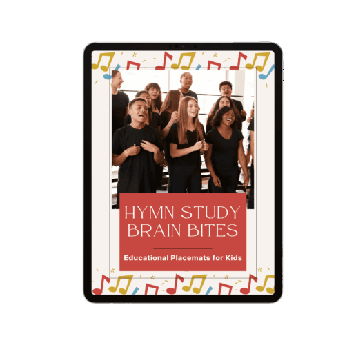 Children singing hymn study Brain Bites educational placemat for homeschool learning and homeschool resource center.