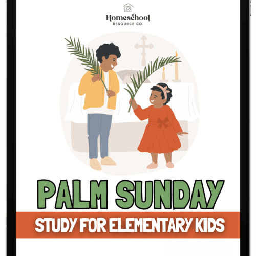Hand-drawn illustration of children celebrating Palm Sunday, educational resource for homeschooling, Christian holiday, kids' religious study, elementary homeschool curriculum, faith-based learning material.