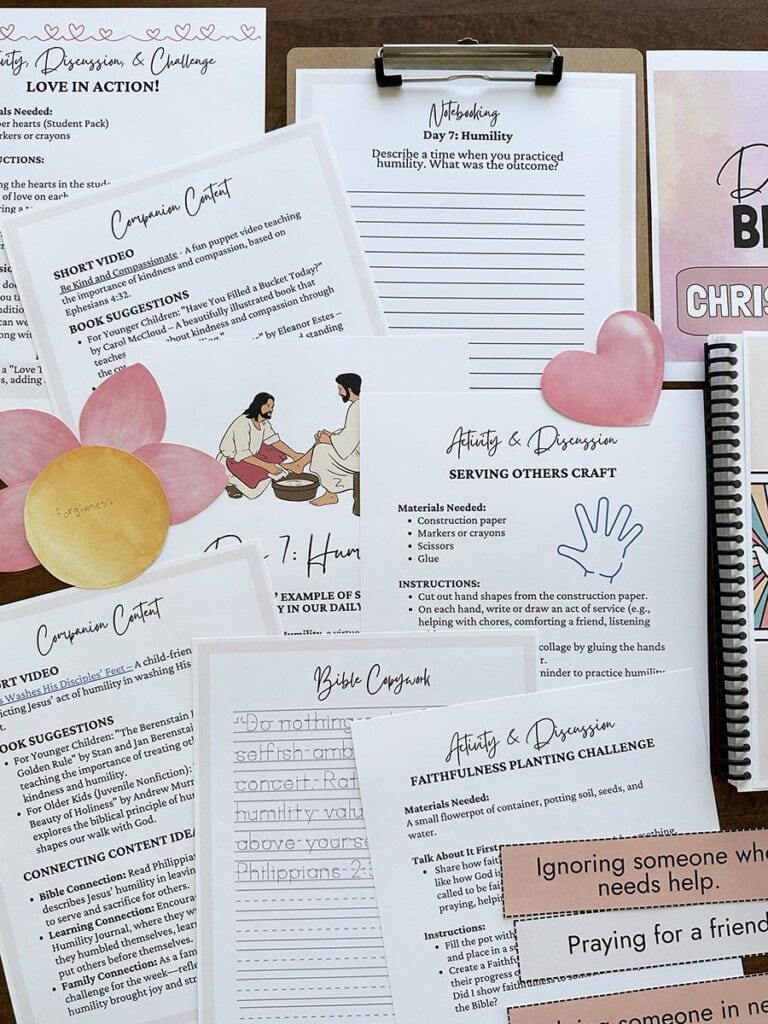 Acts of service and crafts for homeschooling, focusing on biblical values, kindness, humility, and gratitude, with materials like construction paper, markers, and glue to foster faith-based learning and character development.