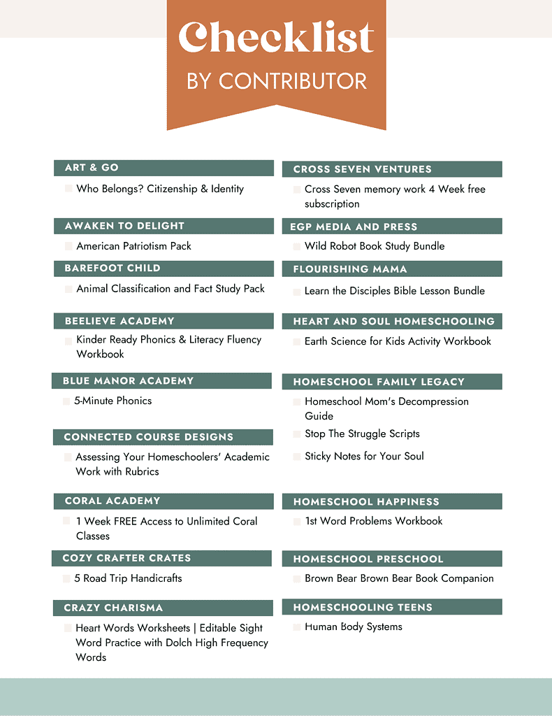 1. Printable homeschool checklist with educational resources for arts, science, literacy, and homeschooling activities, designed for homeschooling families and resources.