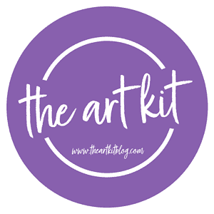 Bright purple logo featuring "the art kit" and website www.theartkitblog.com, representing a creative homeschooling art resource for educators and parents seeking art kits and supplies.