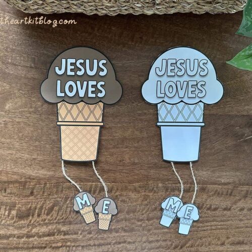 Colorful "Jesus Loves" ice cream cone door hangers, perfect for homeschooling faith-based activities and crafts. These are ideal for reinforcing Christian teachings in homeschool education.