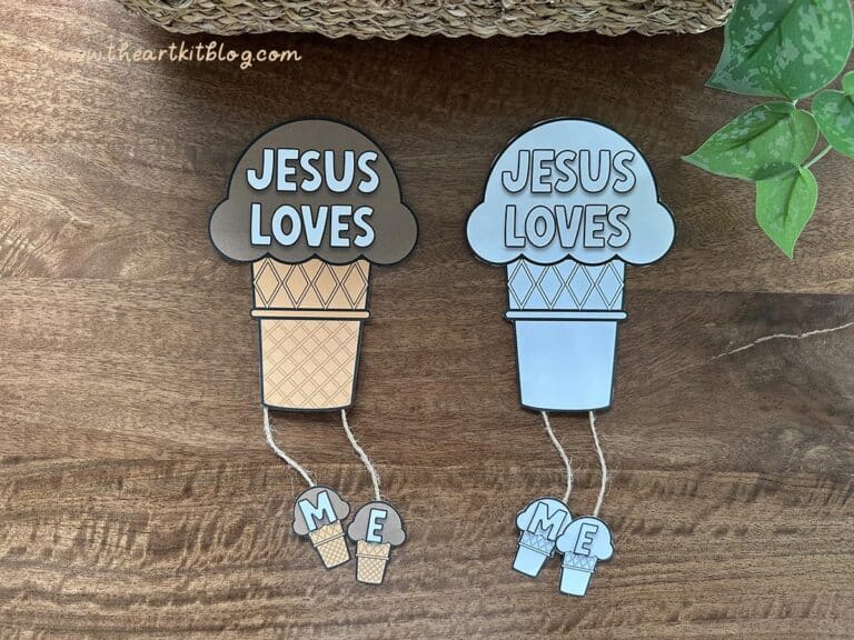 jesus-loves-me-ice-cream-paper-craft-2 Colorful "Jesus Loves" ice cream cone door hangers, perfect for homeschooling faith-based activities and crafts. These are ideal for reinforcing Christian teachings in homeschool education.