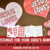 jesus loves me paper craft printable template pdf Jesus loves heart Valentine craft for homeschool kids, personalized with child's name, available in black & white and color versions, perfect for religious education and family activities.