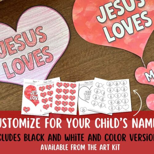 Jesus loves heart Valentine craft for homeschool kids, personalized with child's name, available in black & white and color versions, perfect for religious education and family activities.