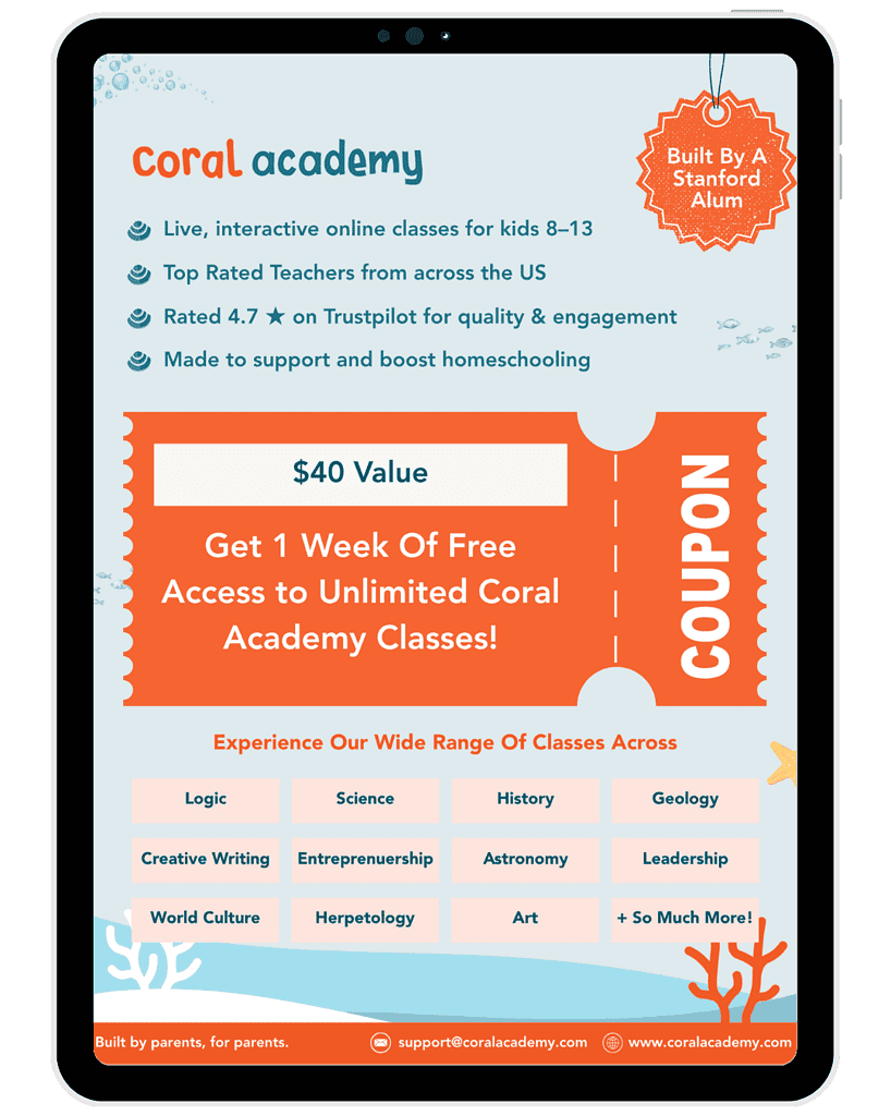 Online homeschool classes, Coral Academy, offering engaging, teacher-led lessons for kids 8-13, with high trust ratings and affordable prices, designed to support and enhance homeschooling experiences.