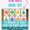 12 months jesus loves me Brightly colored "Jesus Loves Me" paper craft set featuring various seasonal and nature-inspired shapes, perfect for homeschooling kids. Includes black and white and color versions, customizable with child's name, over 70 pages for teaching God's love.