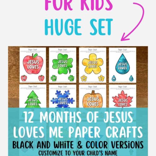 12 months jesus loves me Brightly colored "Jesus Loves Me" paper craft set featuring various seasonal and nature-inspired shapes, perfect for homeschooling kids. Includes black and white and color versions, customizable with child's name, over 70 pages for teaching God's love.