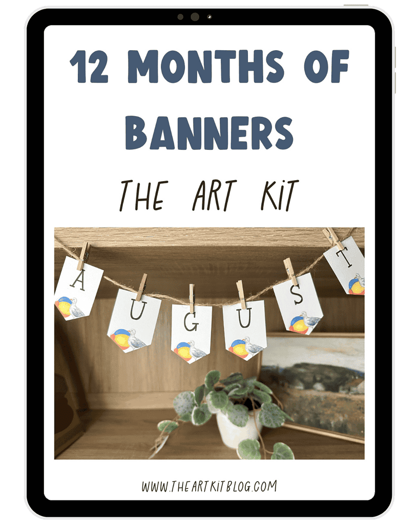 Colorful homeschool banner with "August" text on paper flags featuring ducks, perfect for homeschooling decor, seasonal activities, and educational spaces.