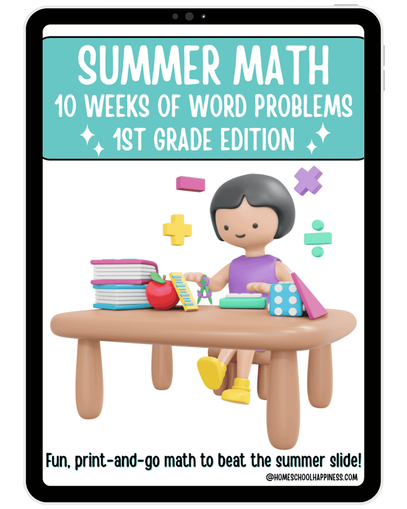 Summer Math activities for homeschool, 10 weeks of word problems for 1st grade students to enhance math skills and home learning.
