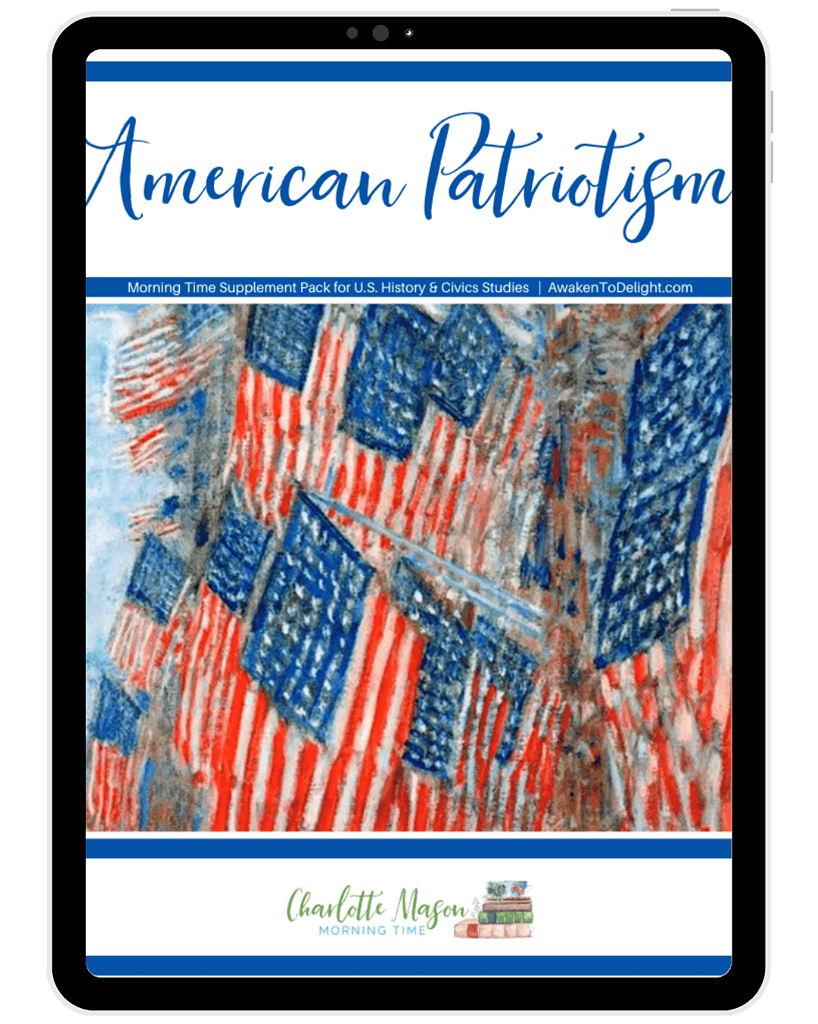 American Patriotism educational resource cover image featuring American flags and patriotic themes for homeschool civics and history studies.