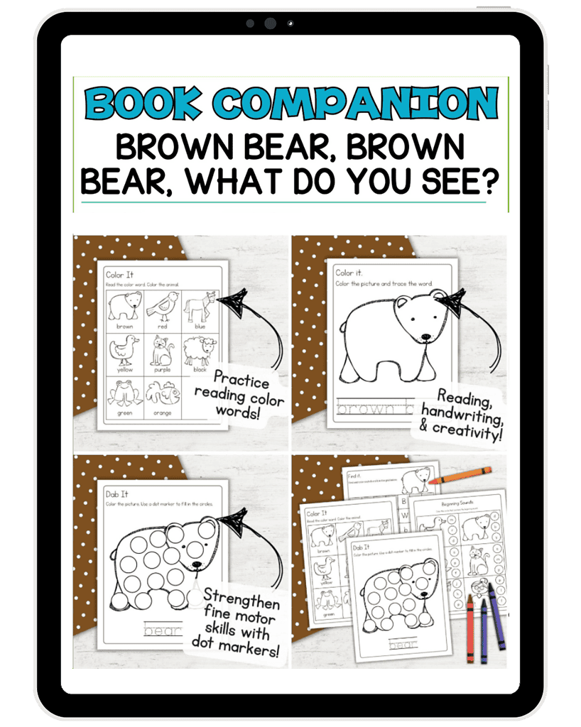 Colorful homeschool printable activities focused on teaching children about bears and animal recognition, promoting early reading, handwriting, and motor skills development. Perfect for homeschooling resources.