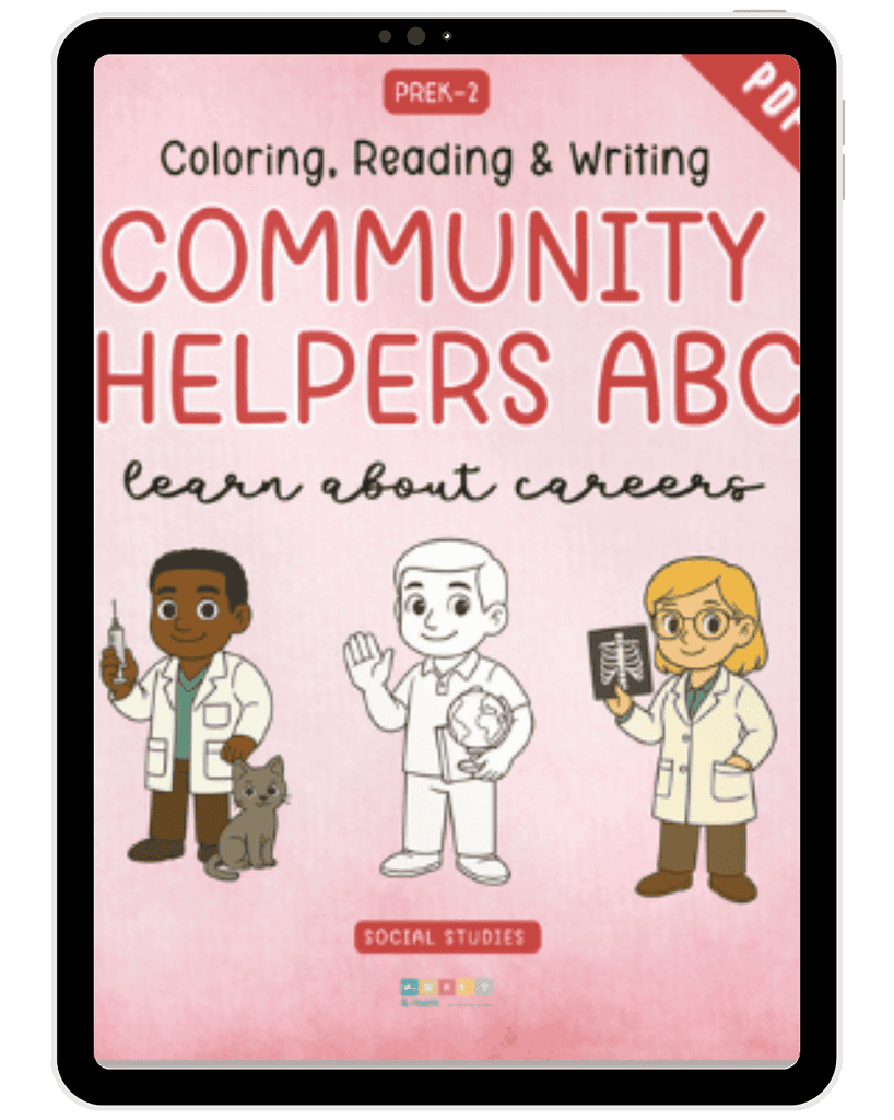 Coloring book cover for homeschool social studies curriculum focusing on careers in medicine, science, and healthcare, ideal for preschool to elementary students.