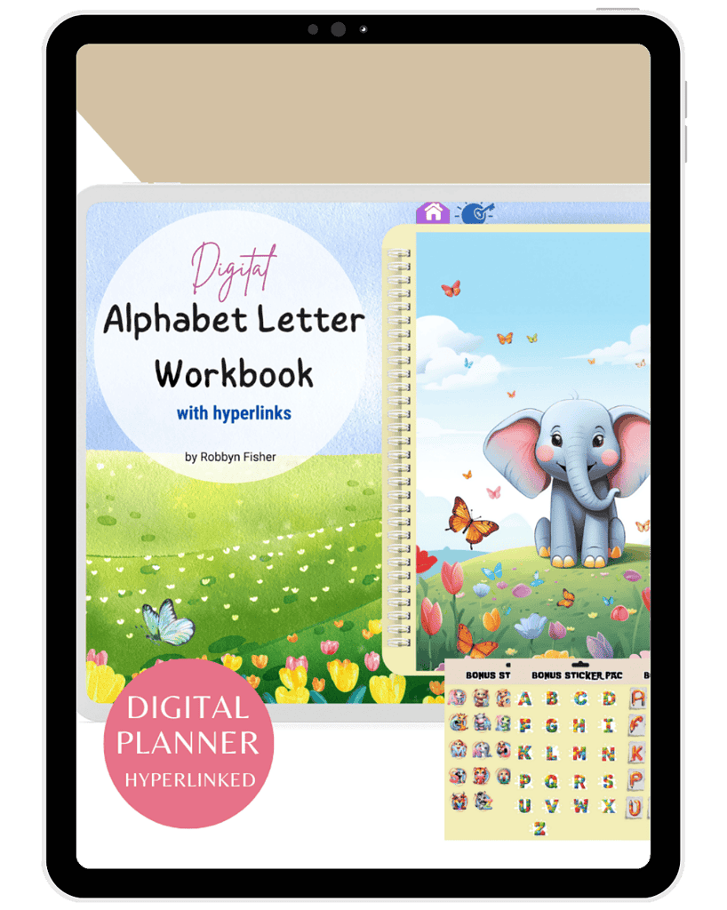 Interactive digital alphabet workbook for homeschooling, includes hyperlinks, stickers, and planner features to support early childhood literacy and education at home.