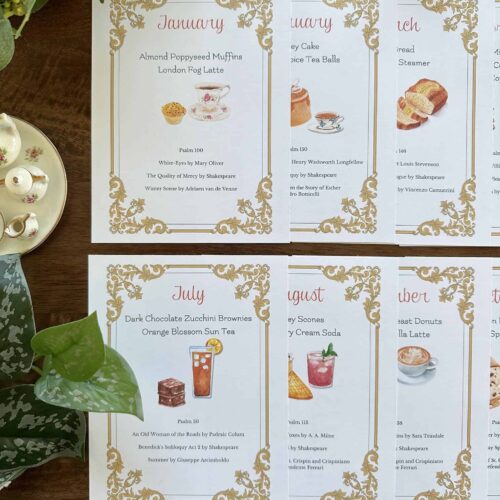 Featured homeschool monthly menu planner with watercolor illustrations and elegant gold border design for homeschool curriculum planning.