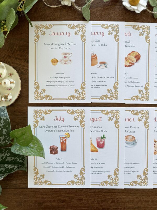 EVERYD~1 Featured homeschool monthly menu planner with watercolor illustrations and elegant gold border design for homeschool curriculum planning.
