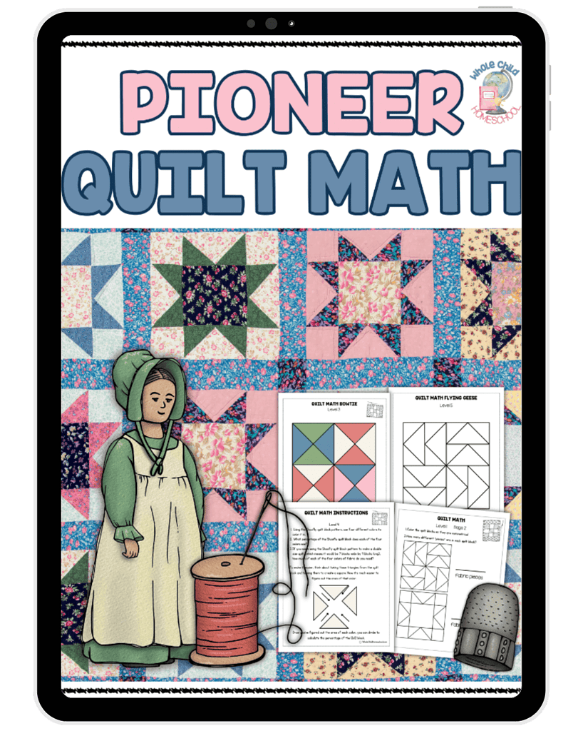 1. Homeschool quilt math activity featuring Pioneer quilt patterns, educational worksheets, and fun quilting projects for homeschooling kids exploring math, sewing, and quilting skills.