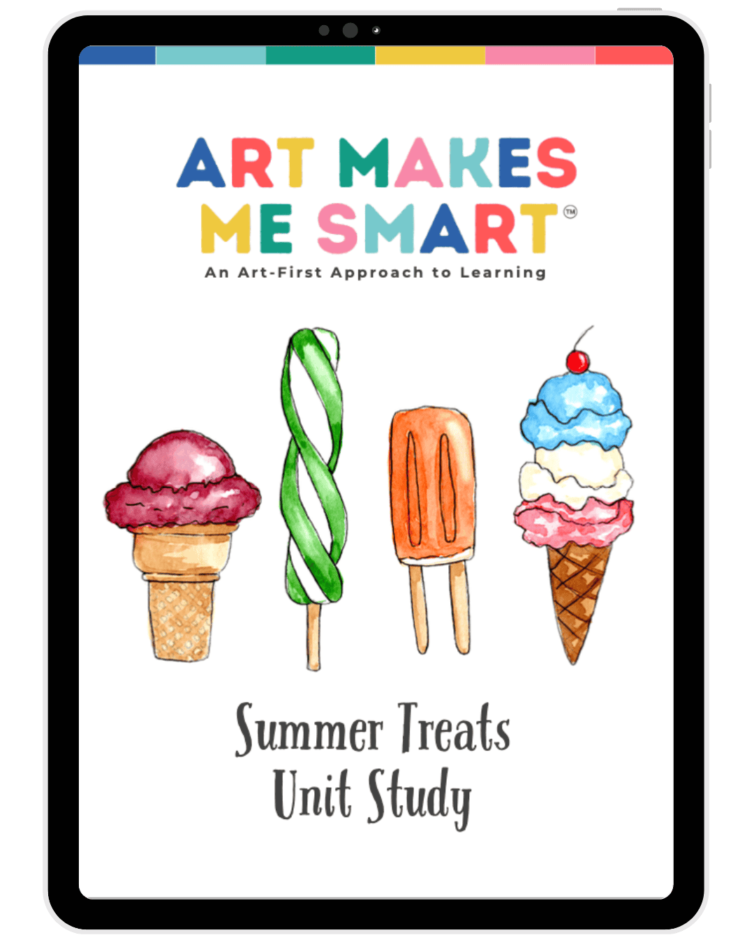 Colorful watercolor ice cream illustrations for homeschool summer treats unit study, perfect for early childhood art and education resources.