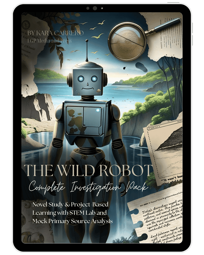 Robot illustration with nature background, part of homeschool STEM resources, promoting science, technology, engineering, and math learning, STEM lab kits, and primary source analysis tools.