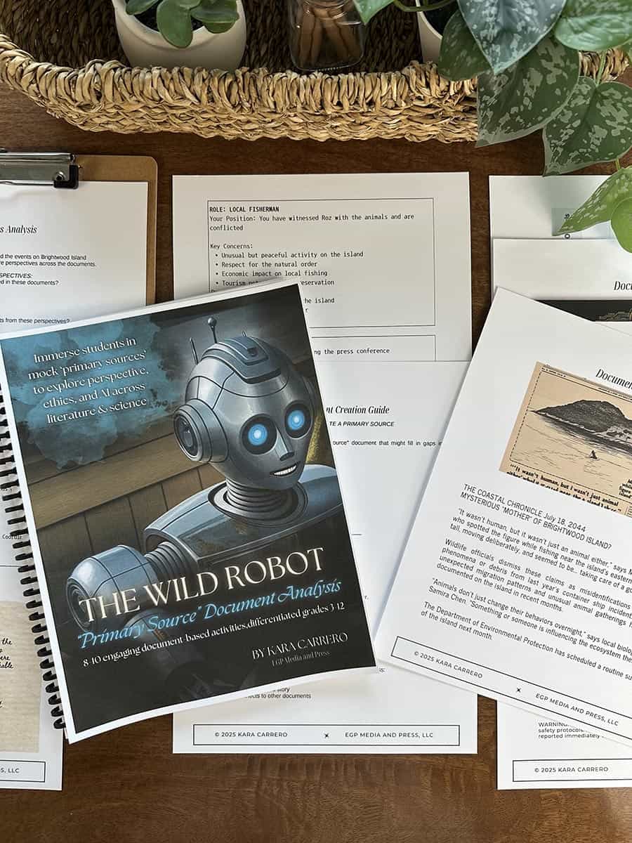 Robotic robot with glowing blue eyes and a friendly expression, featured on the cover of The Wild Robot primary source document, ideal for homeschooling science and technology curriculum.