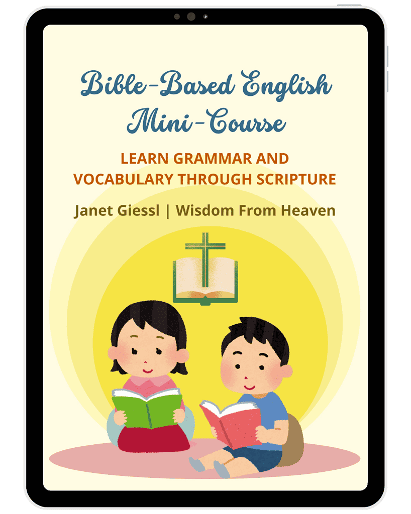 Engaging Bible-based English mini-course for homeschooling, focusing on grammar, vocabulary, and scripture comprehension for children. Perfect for Christian homeschool resources.