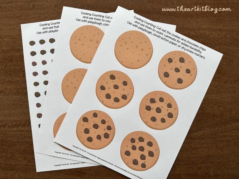 chocolate-chip-counting-printables-number-practice-the-art-kit-PINTEREST Cookie-themed activity worksheets for homeschool learning, featuring counting, cutouts, and playdough activities to engage children in math and fine motor skills development.
