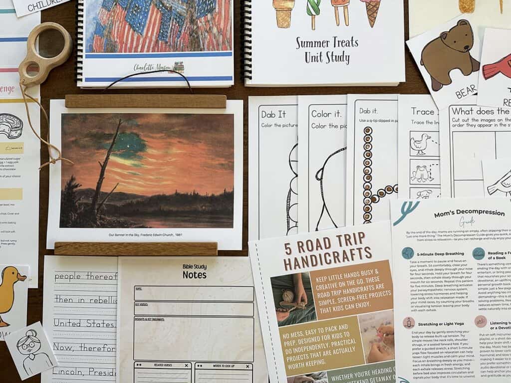 Colorful homeschool crafts and educational materials for homeschool resources, including Bible study notes, art projects, and handwriting practice, designed for homeschooling families and curriculum planning.