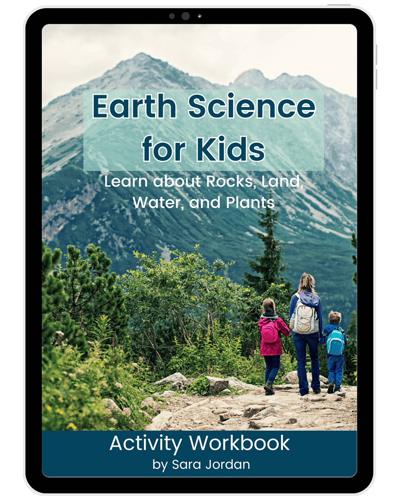 Colorful educational eBook cover featuring children exploring mountain landscape, promoting homeschool Earth Science curriculum focusing on rocks, land, water, and plants for kids.