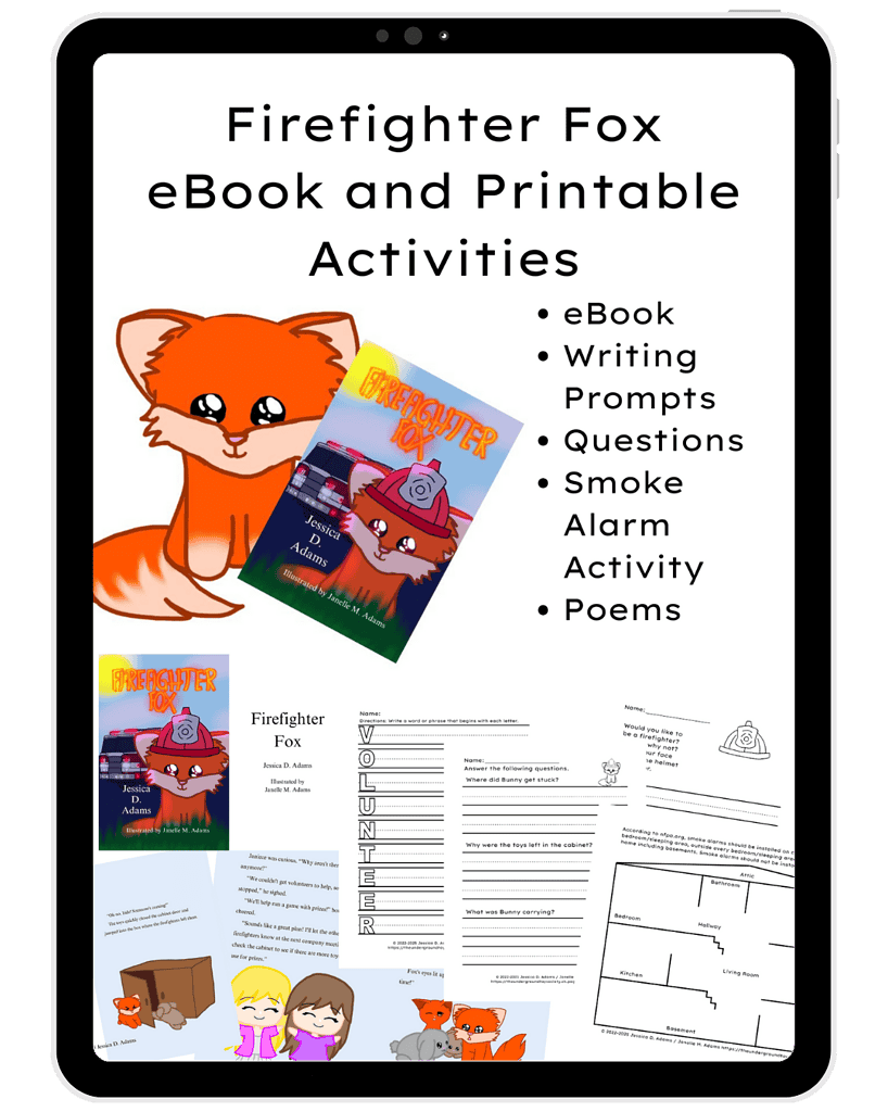 Firefighter fox educational eBook and printable activities for homeschools, including writing prompts, questions, smoke alarm activity, and poems, perfect for homeschooling resources.