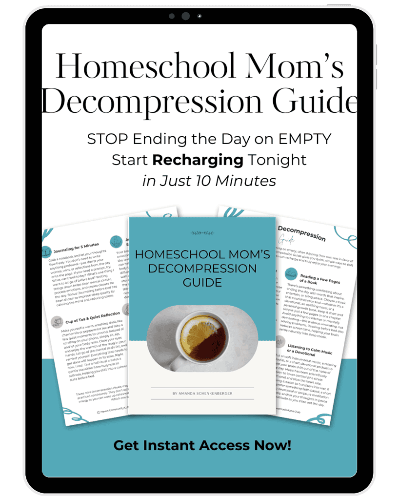 1. Digital image of Homeschool Mom's Decompression Guide on a tablet screen, a resource for homeschooling moms to reduce stress and manage daily challenges effectively.