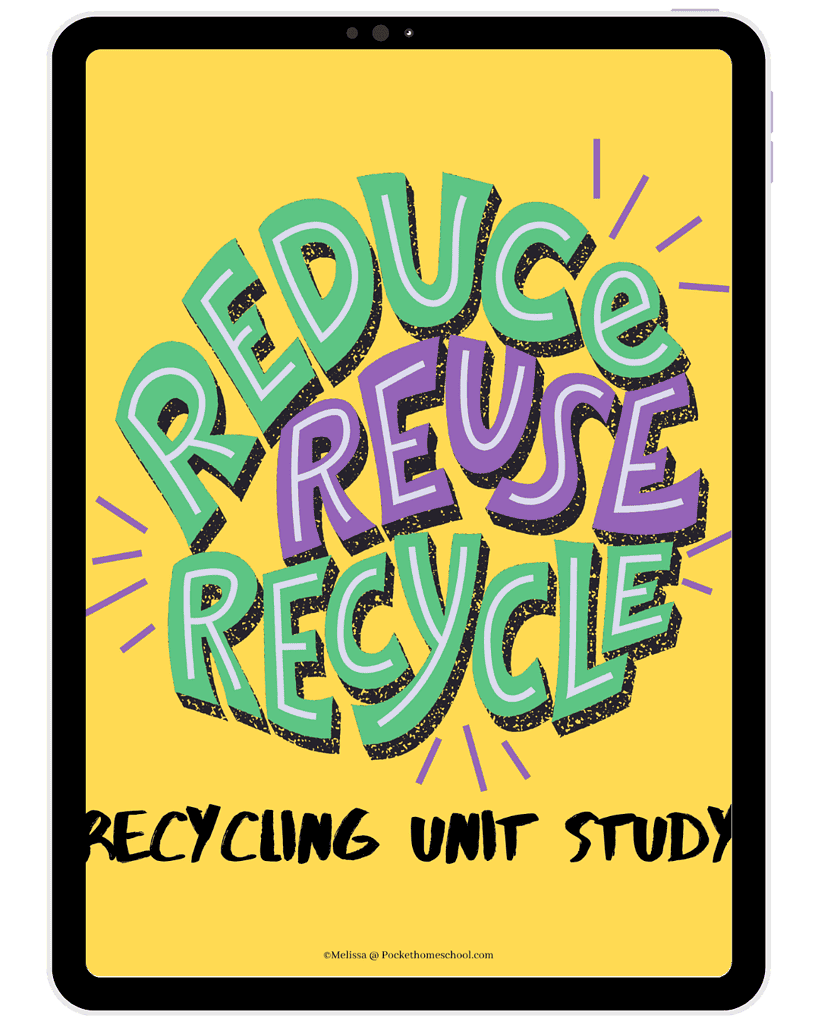 Recycling education poster with colorful "Reduce, Reuse, Recycle" phrases, perfect for homeschooling science and environmental studies.