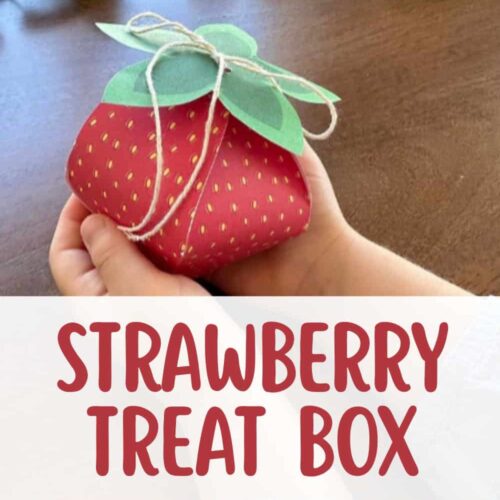 strawberry-treat-box Strawberry-themed craft project, a paper strawberry treat box with green leaves and string tie, perfect for homeschool arts and crafts activities, educational STEM projects, and sensory play.