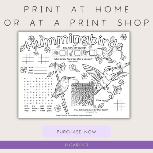 Coloring page featuring hummingbirds, flowers, and educational activities for homeschool kids, perfect for printable learning resources at home or print shops.