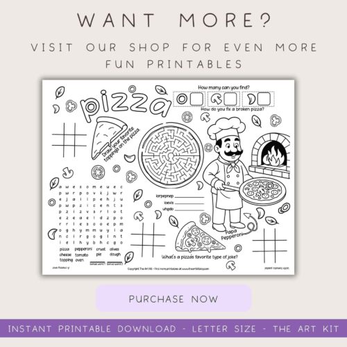 5 Pizza Placemat for Kids, Printable Restaurant Activity, Pizza Party Activity, No Prep Activity, Pizza Birthday Party, Digital Download