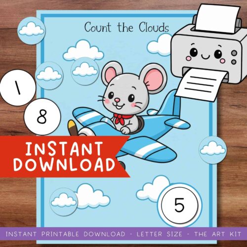 Count the clouds printable activity for homeschooling, early learning, and math practice, featuring cute cartoon mouse and cloud graphics for kids.