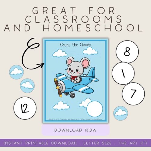 Counting-Number-Printable-Worksheets-for-Kids (6) Cloud counting activity printable for homeschool or classroom, fun educational game for kids learning numbers and clouds, digital download of letter-sized art kit for early childhood learning.