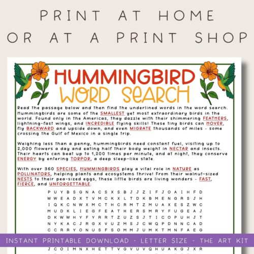 Printable-hummingbird-activity-for-kids Hummingbird word search printable for homeschooling, educational activity for kids, bird-themed puzzle, science and nature learning resource, homeschool printables.