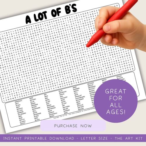 A lot of B's word search puzzle for homeschool learning and educational activities.