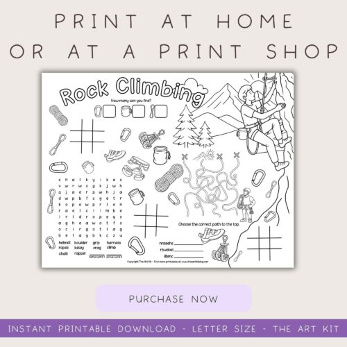 Printable-rock-climbing-activity-placemat-for-kids Colorful outdoor rock climbing activity worksheet for homeschooling and educational print at home.