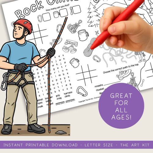 Printable-rock-climbing-coloring-sheet Rock Climbing themed educational worksheet for homeschoolers, featuring climbing gear and alphabet word search, suitable for kids of all ages. Perfect for homeschool resources and printable activities.