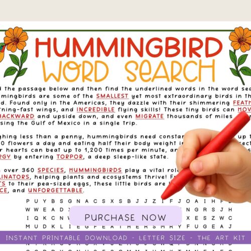 Hummingbird word search puzzle for homeschool students, educational coloring and activity resource, printable kindergarten and elementary school activity, homeschool curriculum activity, language arts, vocabulary, and science learning tool.