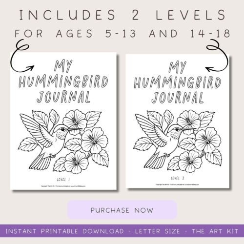 Hummingbird journal coloring pages for homeschooling, printable for ages 5-18, flower and bird illustration, educational resources for homeschool families, nature-themed homeschool art kit.