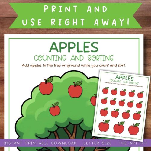 apple-cut-past-craft-kids (2) Apples counting and sorting printable educational activity for homeschool, Kids can add apples to the tree and ground to practice counting and sorting skills.