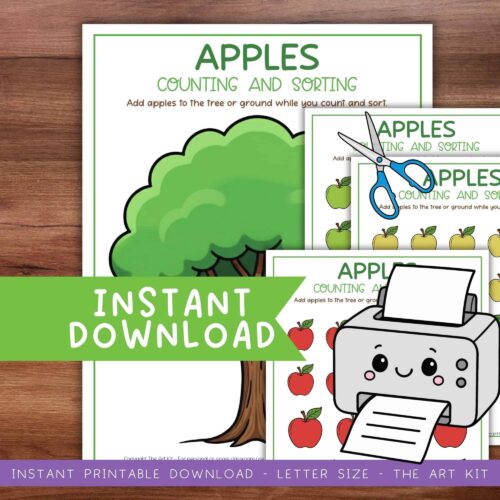 apple-cut-past-craft-kids Colorful homeschool printable activity pages featuring apples for counting and sorting, perfect for early childhood education and homeschooling resources. Instant download available.